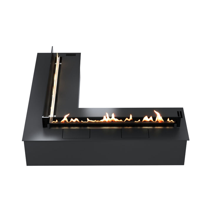 Bioethanol Einbau Brenner Ecke mit Fernbedienung SmartFire Corner von Wild Flame frontal mit Glas